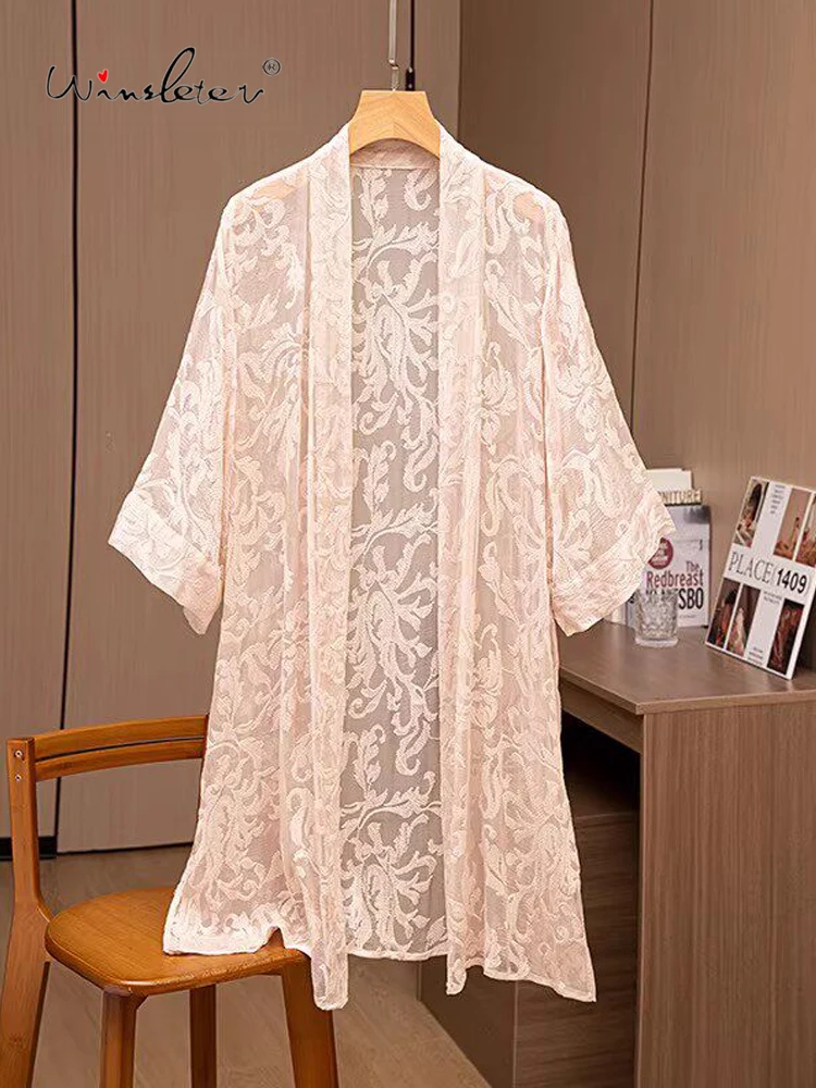 Winsleter-100%Real Silk Elegant Sunscreen Tops, 3/4 Sleeve Embroidery, Women Beach Vacation Thin Coat, 2026 Summer New C64567CC