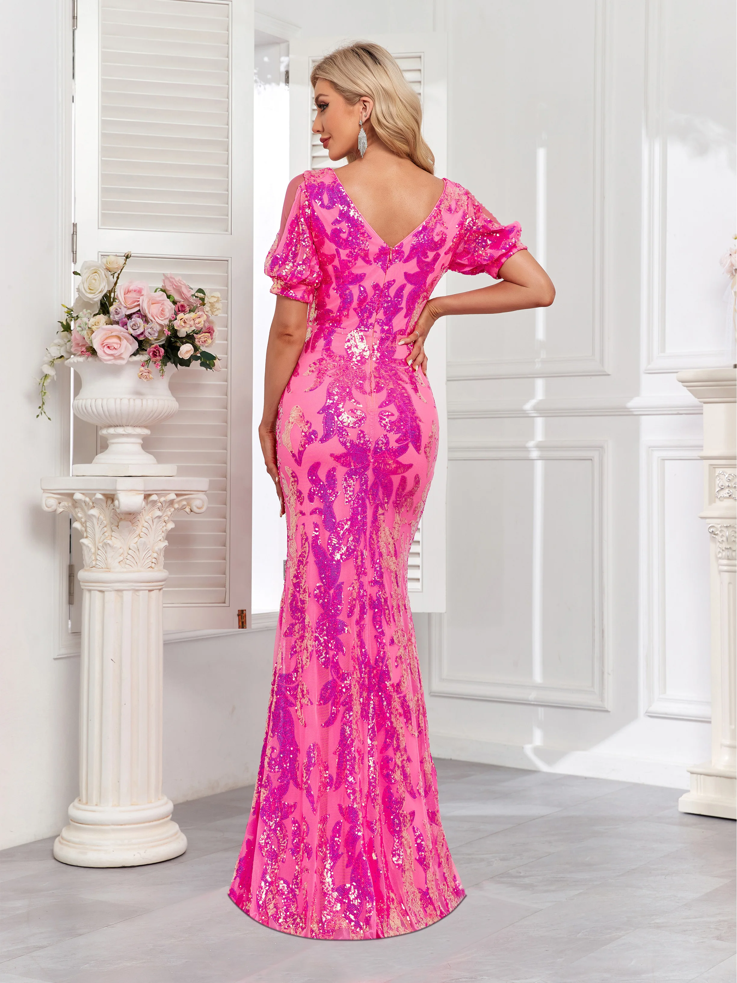 XUIBOL Party V-neck sequined elegant dress with unique transparent shoulder evening gown.