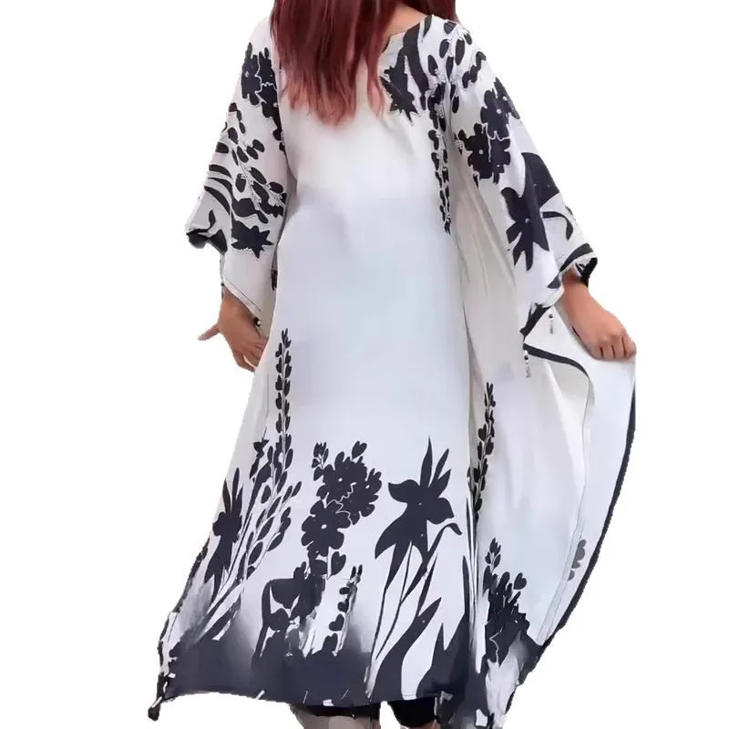 2025, unregelmäßiges Kleid für Damen, Blumendruck, lang, elegant, Rundhalsausschnitt, lockeres Boho-Kleid, modisches Urlaubs-Maxikleid mit Fledermausärmeln