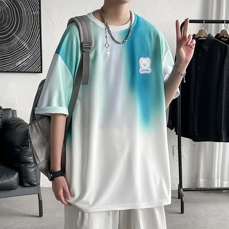 YASUGUOJI Men Oversize T-Shirts Summer 2024 New Harajuku Tie Dye Gradient Mens Loose Short Sleeve Tops Tees Shirts Men Clothing