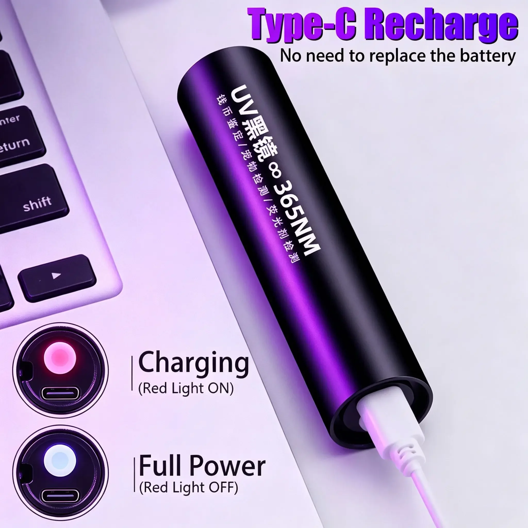 365nm UV Black Light Flashlight, Mini Rechargeable Pet Ringworm & Fluorescent Detector, Type-C with 3 Modes, 31g Alloy Shell - view 3