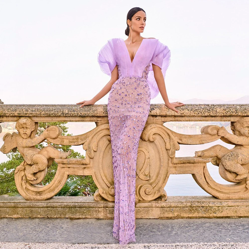 Luxury Dubai Lilac Long Evening Dress for Women Wedding Party 2023 Elegant Off Shoulder Arabic Formal Prom Gown S327