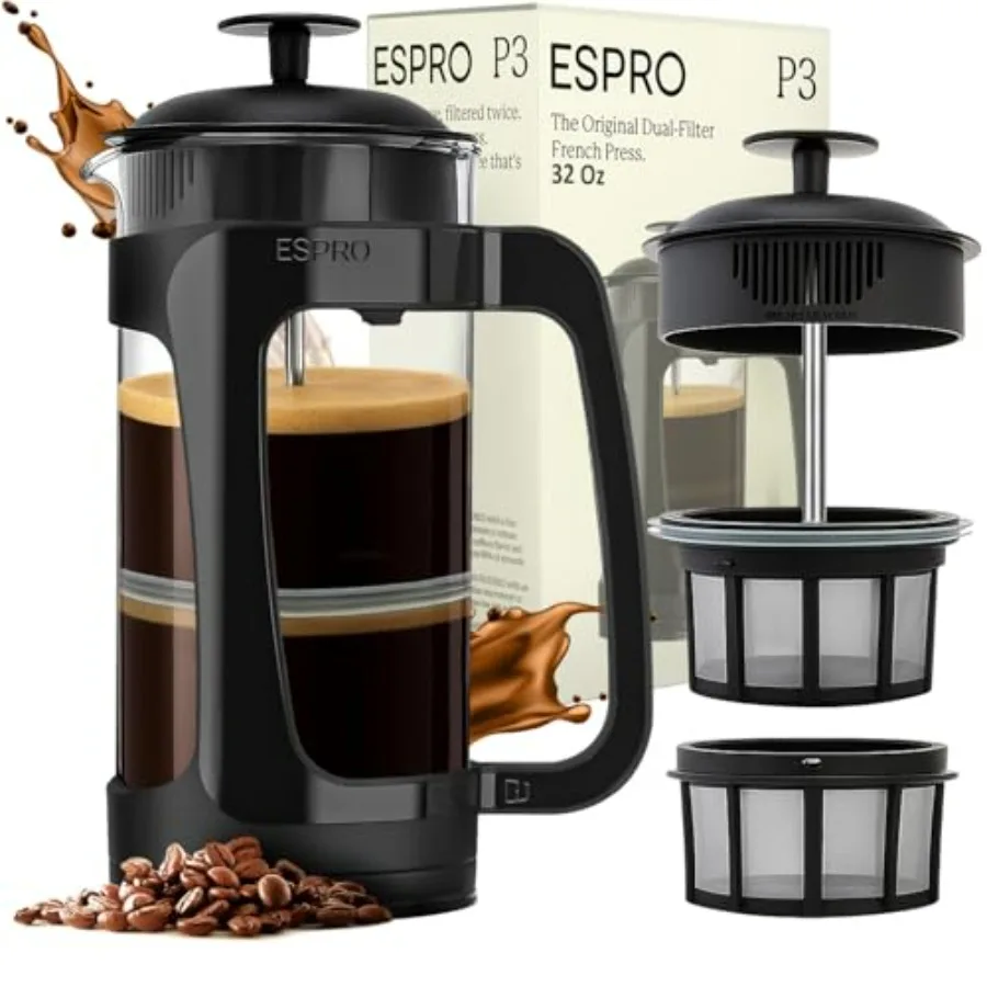 

Кофеварка French Press P3 – запатентованный двойной микрофильтр для приготовления без осадка, термостойкое утолщенное боросиликатное стекло