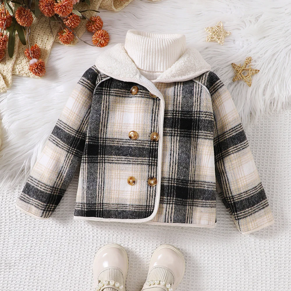 

2024 New Arrivals Autumn Children Long Sleeve Double Button Plaid Black Child Girls Clothes Sweater Overcoat 7-14T