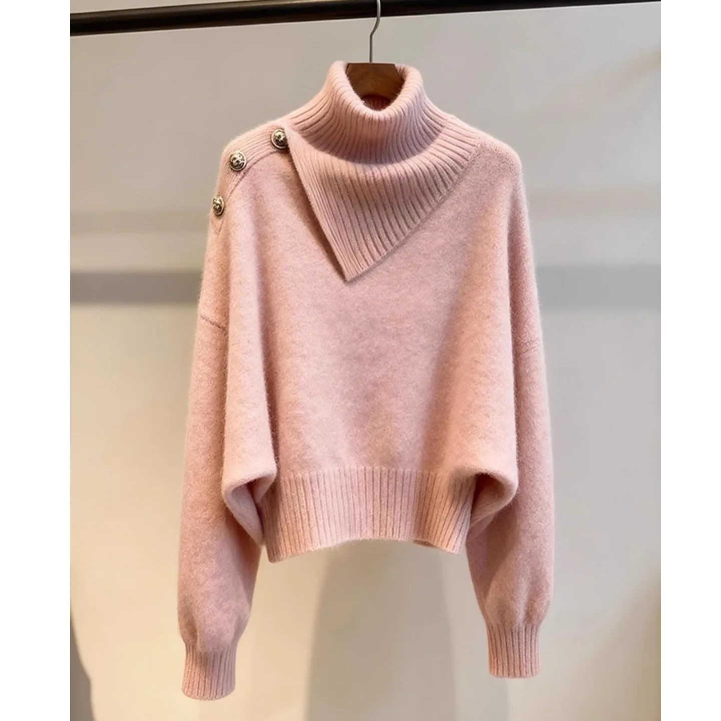

Unique Faionable Knitted Sweater Women's High Collar Waist-Cinching Pink Top Autumn Winter New Arrival Ele Sle