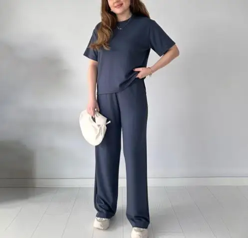 

2025 Casual 2 Piece Sets Womens Outfits Women's New Solid Color Short Sleeved Top with Strap Pocket Straight Leg Pants Set