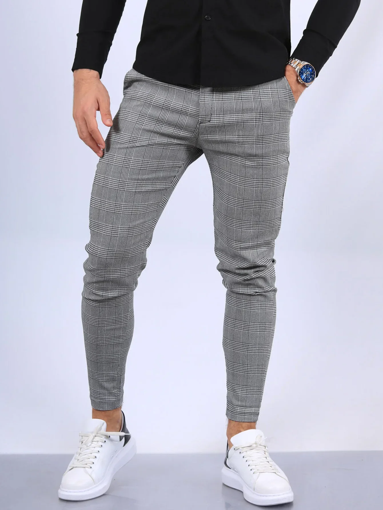Casual Men's Business Cotton Slim Fit Men Pants Trousers Skinny Chinos Grey Ankle Length Street Wear Plaid Striped Pencil Pants