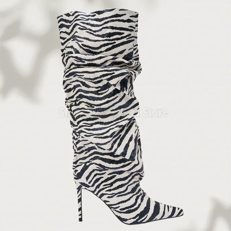 Zebra Print Pleated Design Pointed Toe Boots Side Zipper Women Shoes Thin High Heels Party Feast Dating 2026 Zapatos Para Mujere