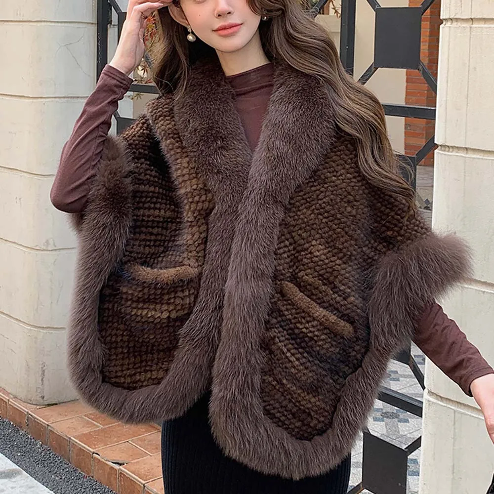 

Женская шаль из норки 2025 года с подкладкой из лисьего меха, теплая универсальная осенне-зимняя меховая шаль