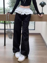 Zoki Sweet Ruffles Sweatpants Women High Waist Korean Wide Leg Pants Casual Fashion Patchwork Female Loose Black Trousers New