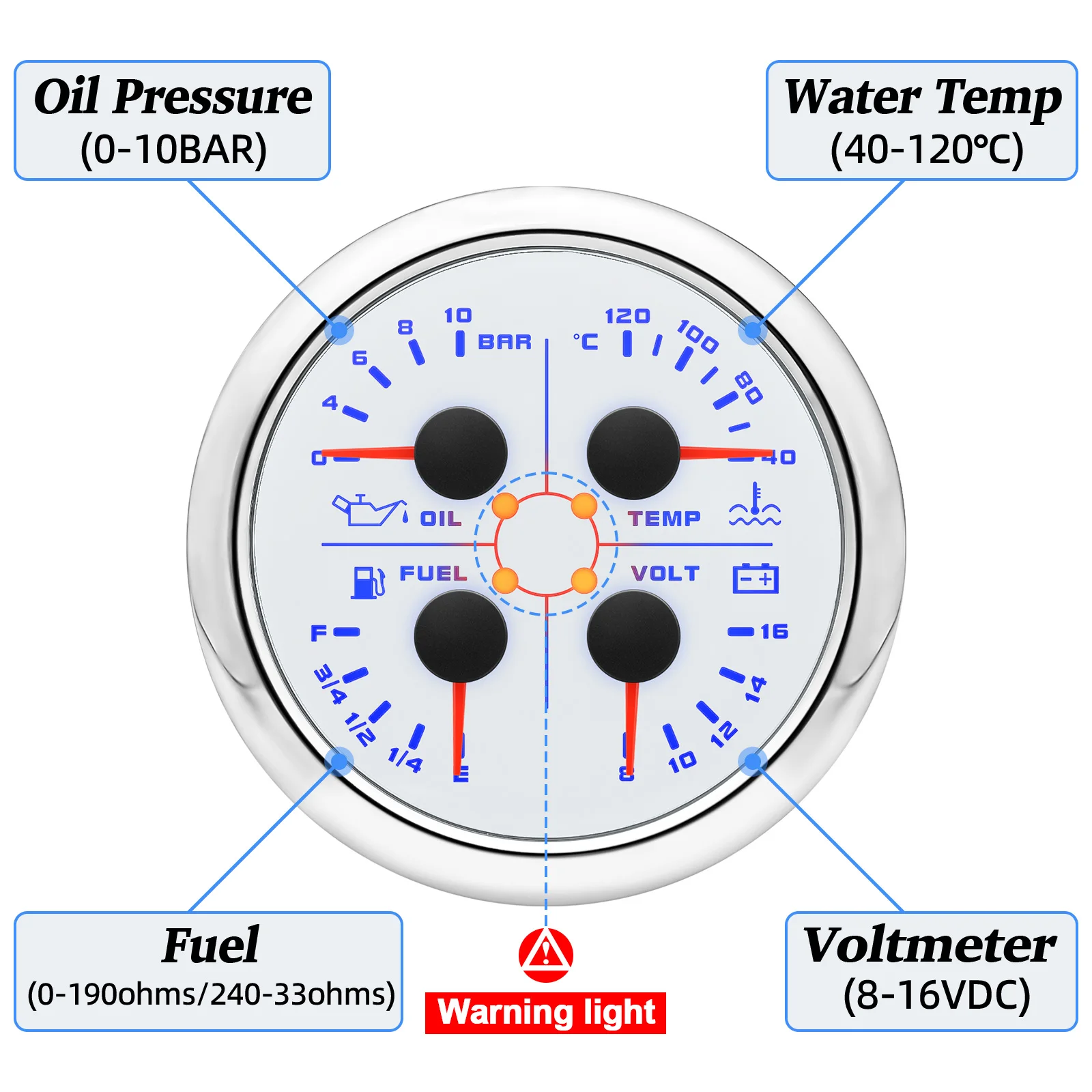85mm Boat Car 4 IN 1 Fuel Gauge 0-190ohms Water Temp Oil Pressure Voltmeter With NPT1/8 Temperature Sensor Fuel Sender Unit