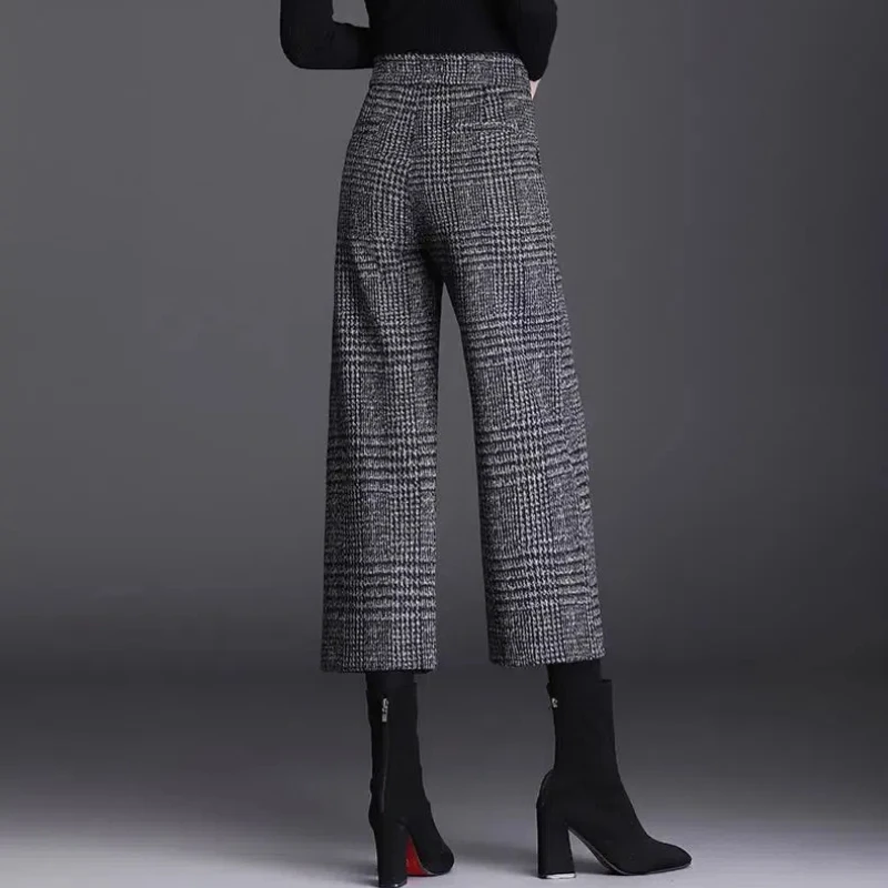 Autumn Winter Women Plus Velvet Woolen Capris Pants Plaid Pockets New Fashion Office Lady Elastic High Waist Wide Leg Trousers