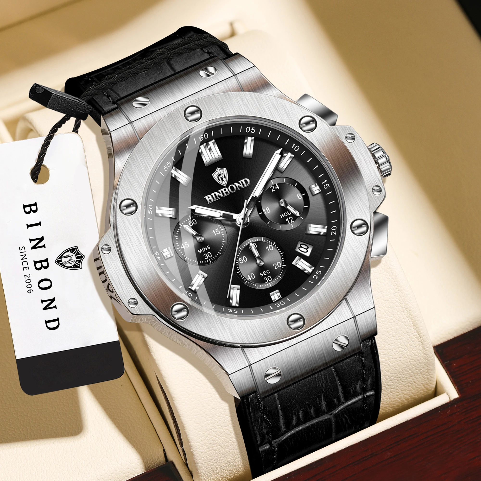 BINBOND Original Luxury Reloj Chnorograph Precise Quartz Watches For Men Real Leather Luminous Waterproof Auto Date Relojes +Box