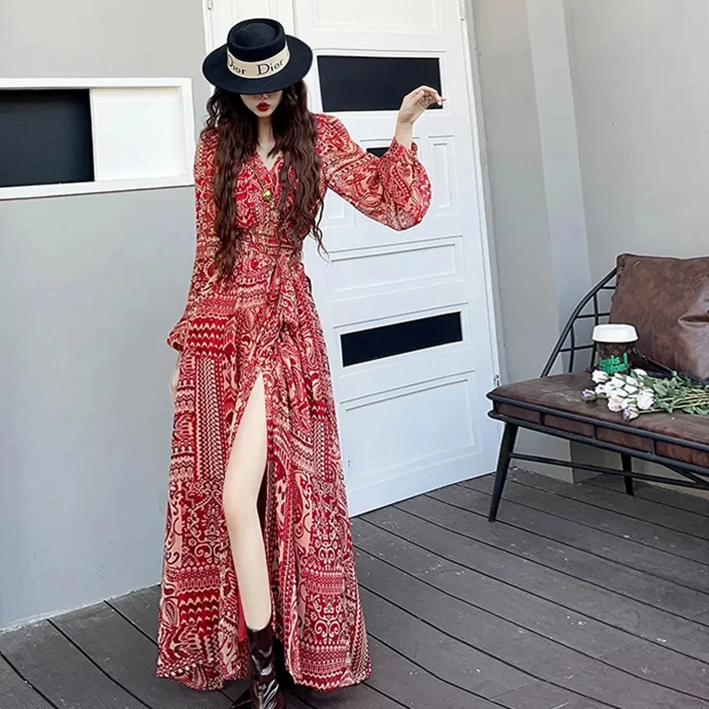 

Women V-Neck Floral Dress French Spring Long-sleeved Beach Female Party Dresses Celebrity One-piece Wrapped Split Waist Vestidos