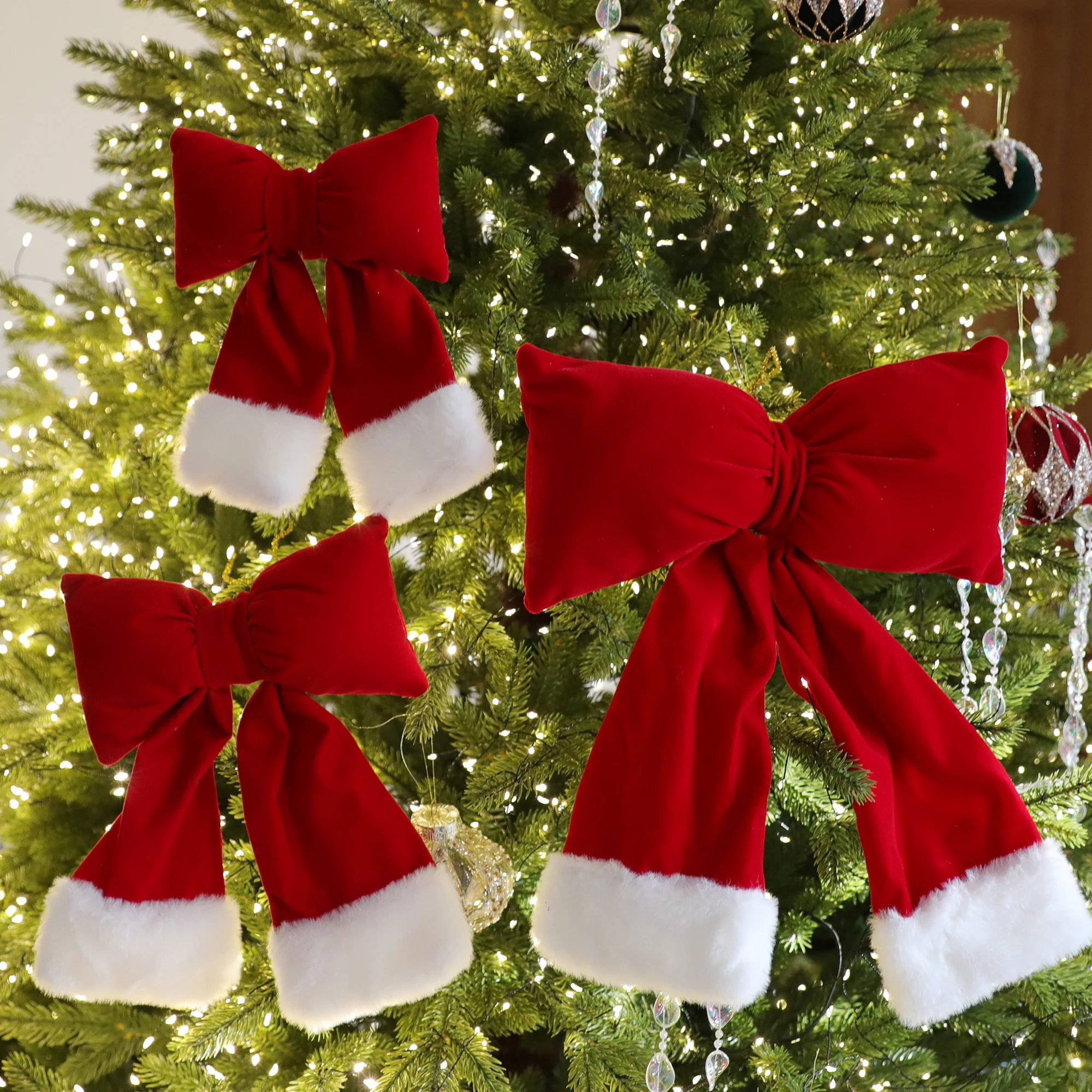 1-5 шт. винно-красный флокированный рождественский бант, набор 27x35 см, 20x25 см, 15x20 см, декор для рождественской елки, дверной проем/подарочная упаковка, акцент/принадлежности для вечеринок