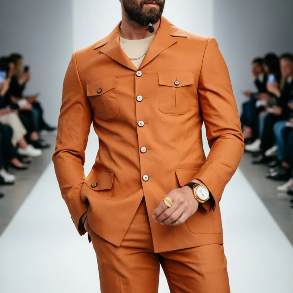 Safari Fashion Suits Burnt Orange Multi Pocket Suit Slim Fit Casual Blazer Summer Streetwear Vacation Daily Wear 2 Pcs