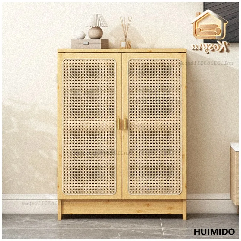 Woven Rattan Floor Router Cabinet Modern Cable Hub with Frame WiFi Organizer for Living Room Double-layered Cable Management