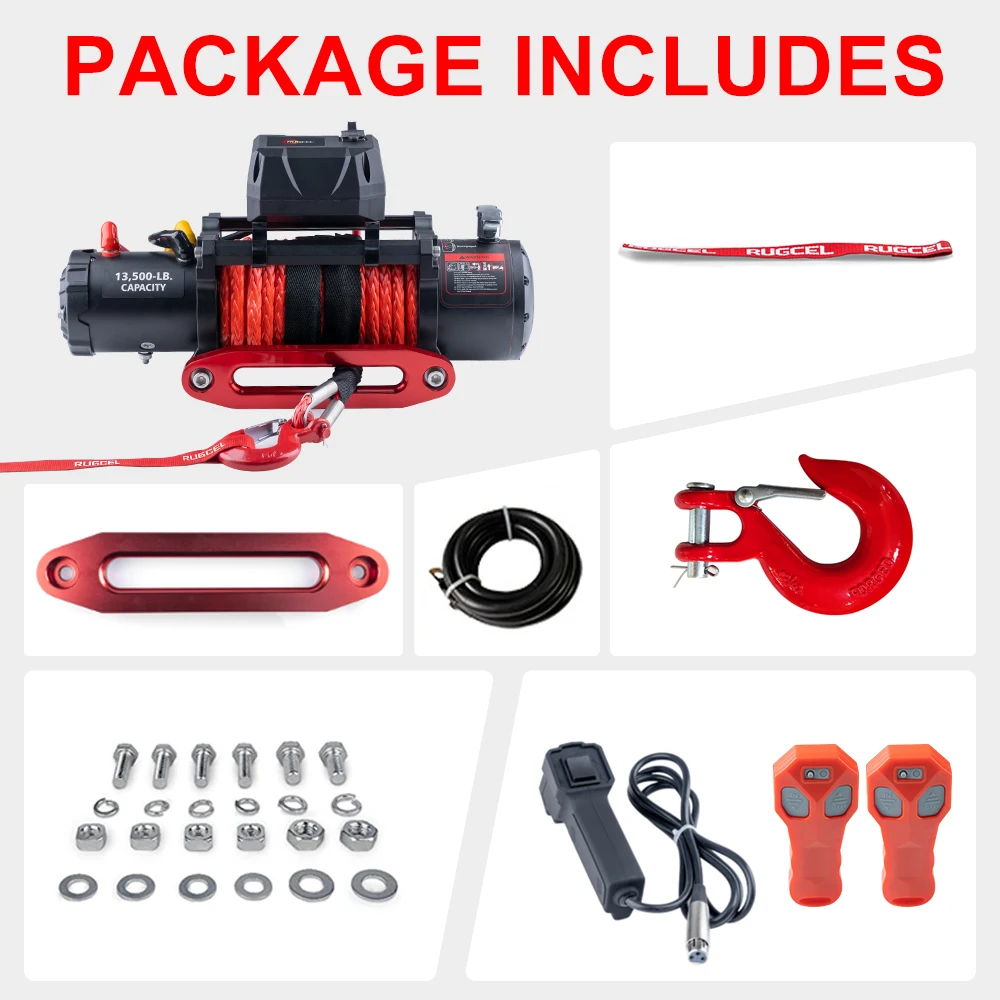 RUGCEL WINCH 13500lb Waterproof Electric Truck Winch 12V Synthetic Rope Winch with Hawse Fairlead,Wired Handle and 2 Wirele