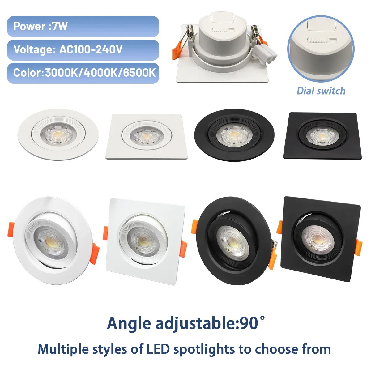 

6pcs Dial switch CCT embedded LED ceiling spotlight AC 220V 110V 3000K 4000K 6500K Adjustable angle Downlight for home decor