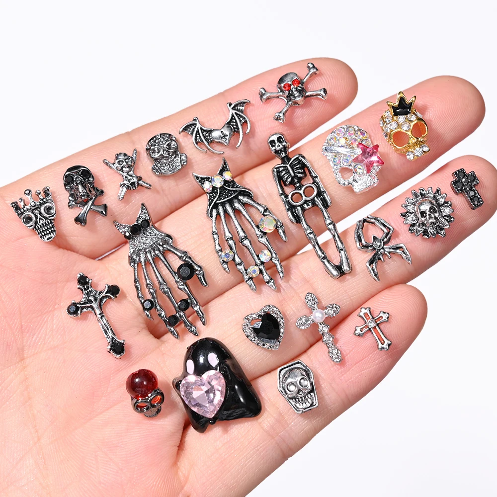 10pcs Gothic Punk Halloween Alloy Nail Charms 3D Metal Skull Skeleton Cross Rhinestone Nail DIY Nail Art Decoration Accessories