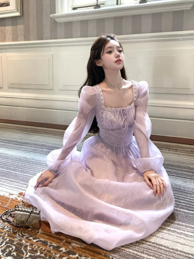 Fresh Purple Long Square Neck Long Sleevesdress Women's Summerfrenchretroqianjin Style Elegant Waist Skirt