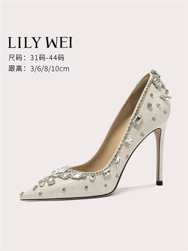 

Spring shallow light luxury crystal sequin low-heeled wedding shoes thin high-heeled banquet large size small size women's shoes