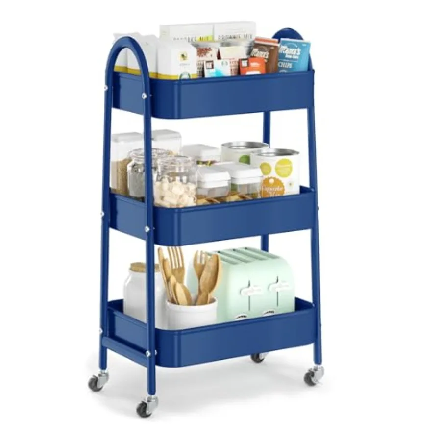 3 Tier Utility Rolling Cart Metal Storage Cart with Handle and Lockable Wheels Multifunctional Storage Organizer Trolley with M