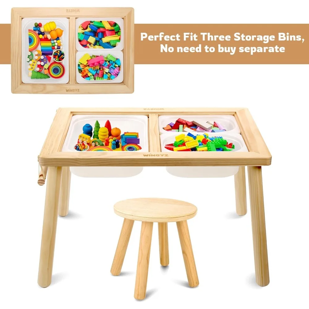 Conjunto de mesa e cadeira sensorial, mesa infantil 3 em 1 para brincar, estudo, arte, jantar, armazenamento de brinquedos, para crianças pequenas, mesa de atividades com caixas de armazenamento