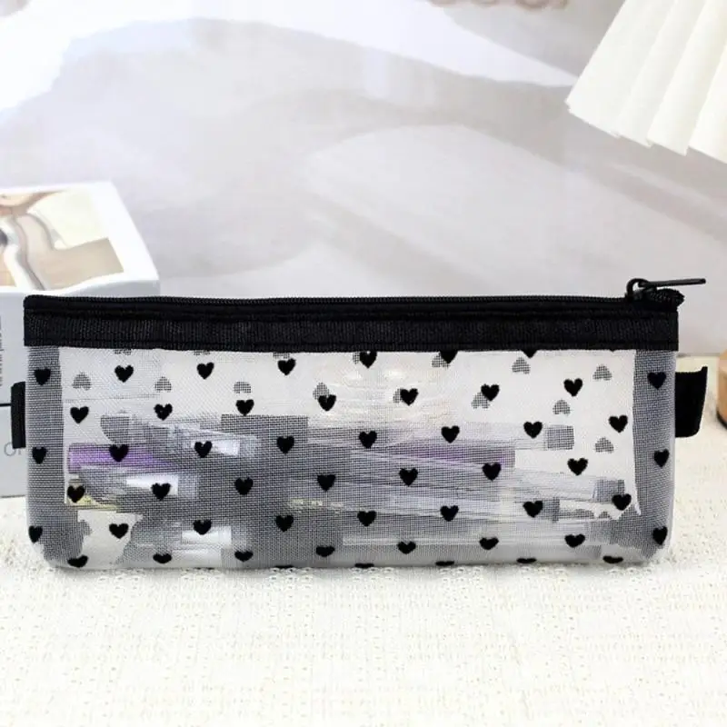 /Kuz/3Pcs Heart Print Mesh Makeup Brush Organizer Set Transparent Nylon Pouches For Brushes, Cosmetics & Small Items
