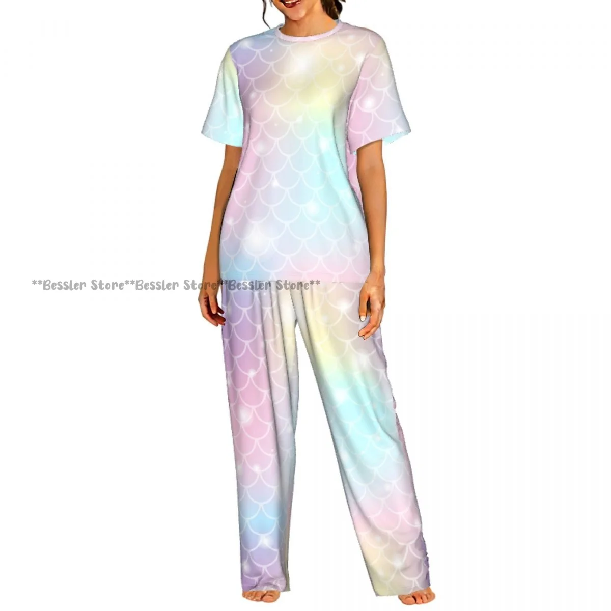 Women's Comfort Pajamas Women's Mermaid Scale And Shining Sparcles On Pastel Unicorn Magic Color Short Sleeve Set Sleepwear