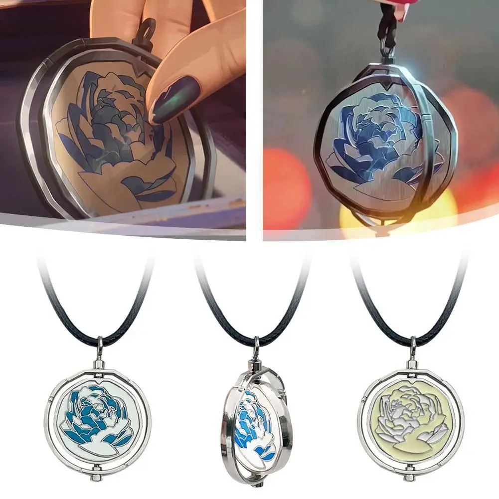 Anime LOL Arcane Jinx Ekko Blue Rose Pendant Necklace Friends & Lovers Chain Jewerly Blue Rose Rotating Necklace