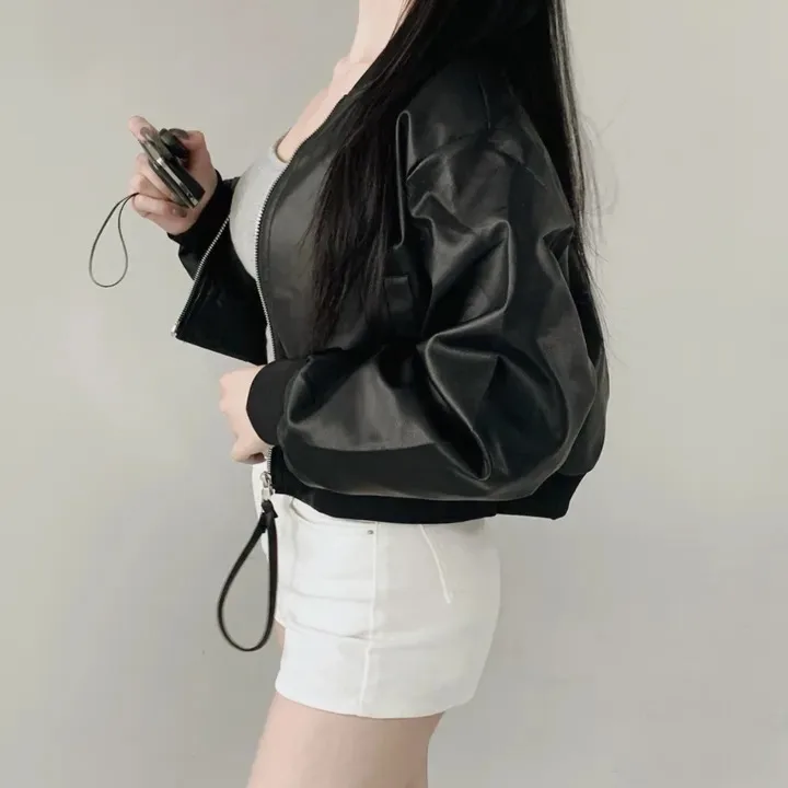 เสื้อแจ็คเก็ตหนังแท้ผู้หญิง ดีไซน์เก๋ ซิปคู่ สีพื้น ทรงเข้ารูป แขนยาว แฟชั่นเกาหลี สไตล์อเนกประสงค์