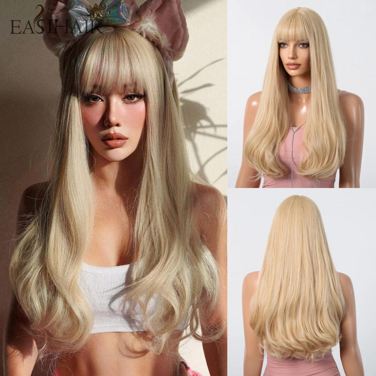 

EASIHAIR Sandy Light Blonde Synthetic Long Wavy Wigs with Bangs Natural Hair Cosplay Lolita Use Wigs for Women Heat Resistant