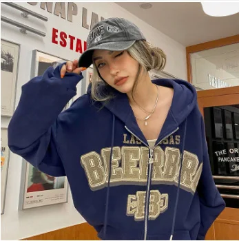 Y2k Women Letter Print Hoodies 2022 Fall Winter Retro Loose Zip Up Hooded Sweatshirts Female Casual Long Sleeve Sweatshirt Coats