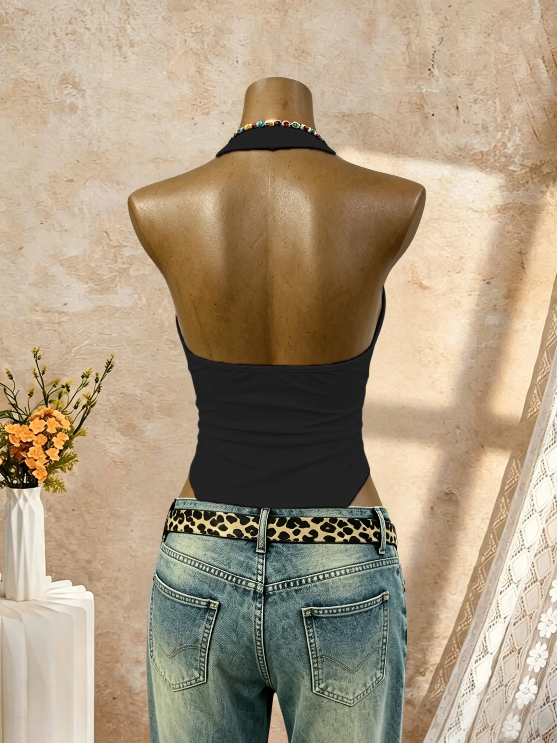 Damen Neckholder-Body mit tiefem V-Ausschnitt, gerafftem Design, schmaler Passform und hohem Beinausschnitt – Sommer 2026 Y2K Streetwear ärmelloses Tanktop – Detail 7