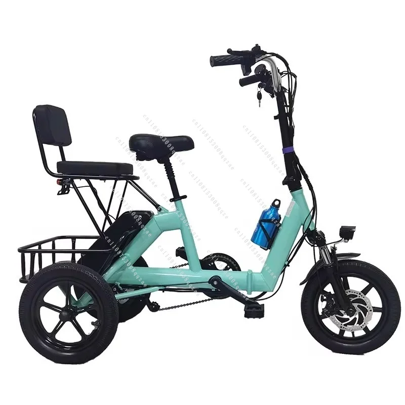 14 Inch 3 Wheel Foldable Electric Bike Women City with Child Seat 48V Mini Electric Tricycle for Adult Elderly with Cargo Basket