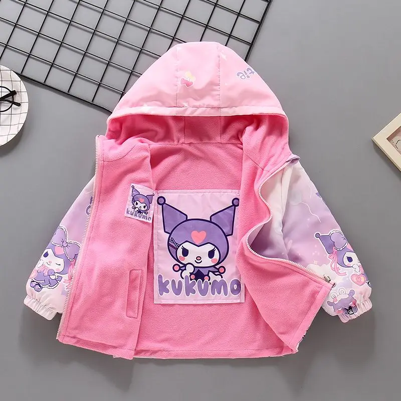 Spring Autumn Children Girl Double Sided Windbreaker Coat Teen Cartoon Kuromi Printed  Plush Hooded Jacket Kid Fashion Outerwear