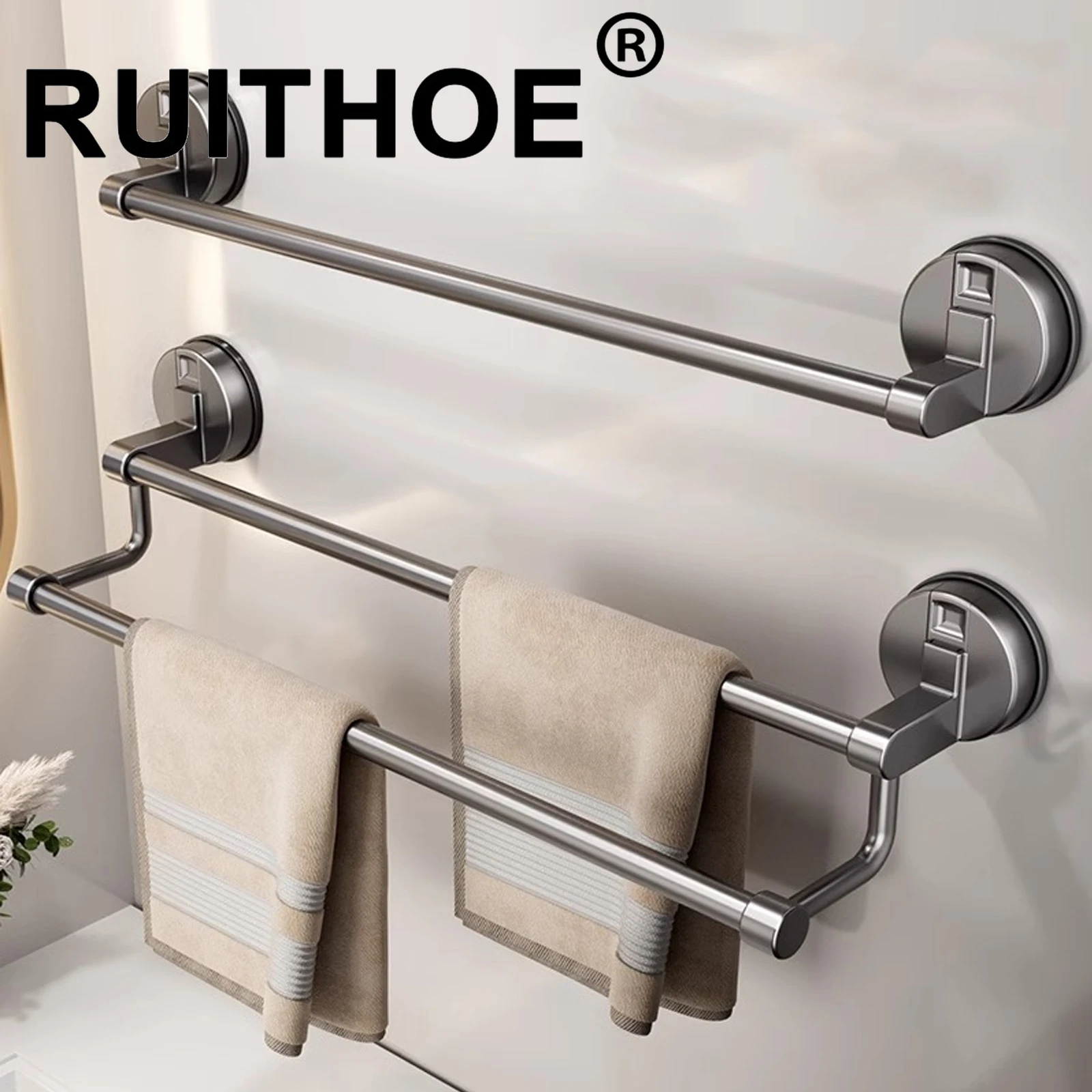 Suction Cup Bathroom Hand Towel Rack Towel Holder Wall Mount No Drill Mount 30/40/50cm Towel Bar Double Bar 2 Tier Apartment