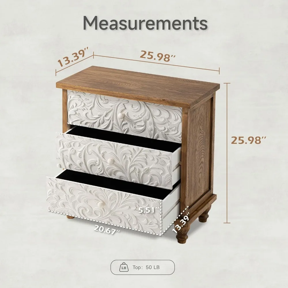 خزانة مزرعة مكونة من 3 أدراج مع عزر زهور منقوشة، منضدة عتيقة لغرفة النوم، مجمعة بالكامل تقريبًا