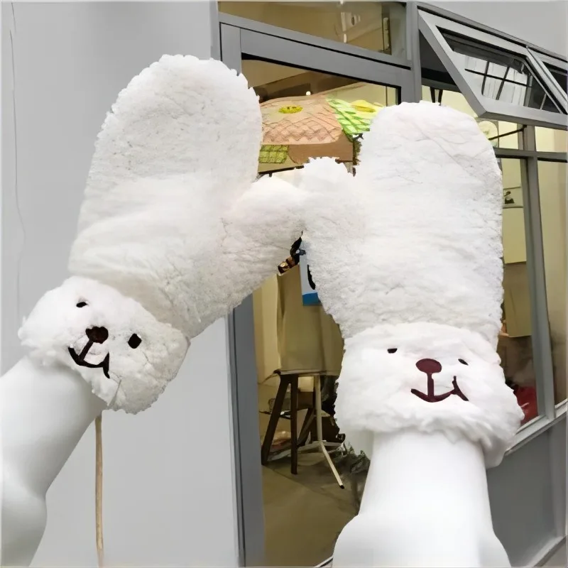 

Korean Lovely Teddy Bear Plush Gloves Super Soft Furry Warm Comfortable Kawaii Glove Hangable Neck Velvet Thickened Windproof