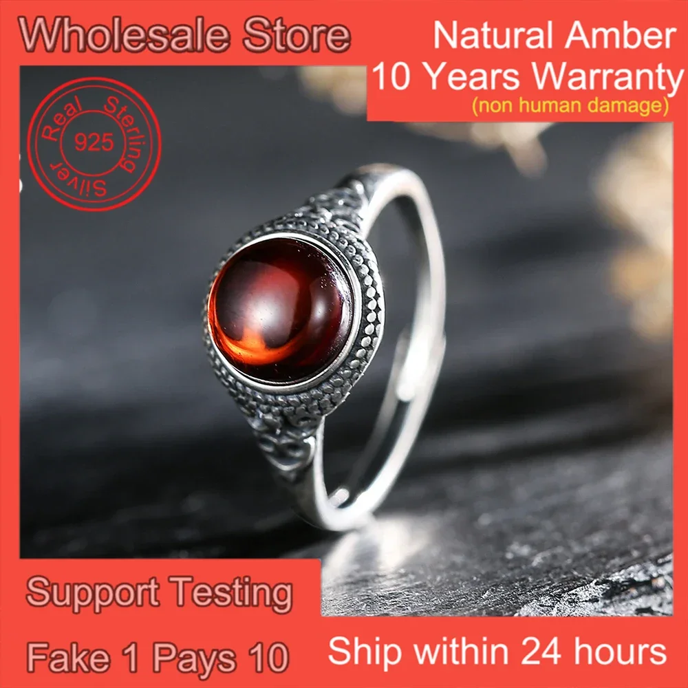 Gorgeous Natural Amber Stone 925 Sterling Silver Ring Elegant & Durable Chic Women Men's Rings for Party Christmas Jewelry Gifts