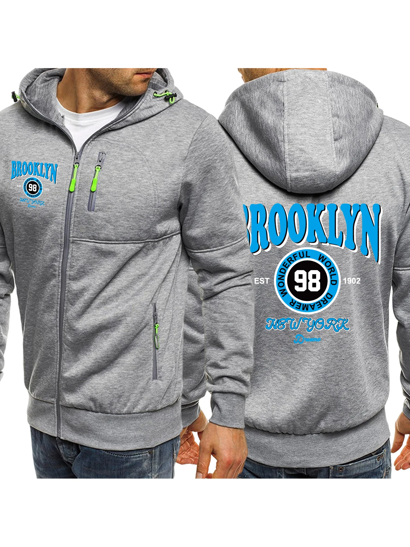 

Brooklyn New York 98 Design Zipper Hoody Men Street Casual Top Autumn Loose Hooded All-Match Fleece Pullover Fashion Soft Coat