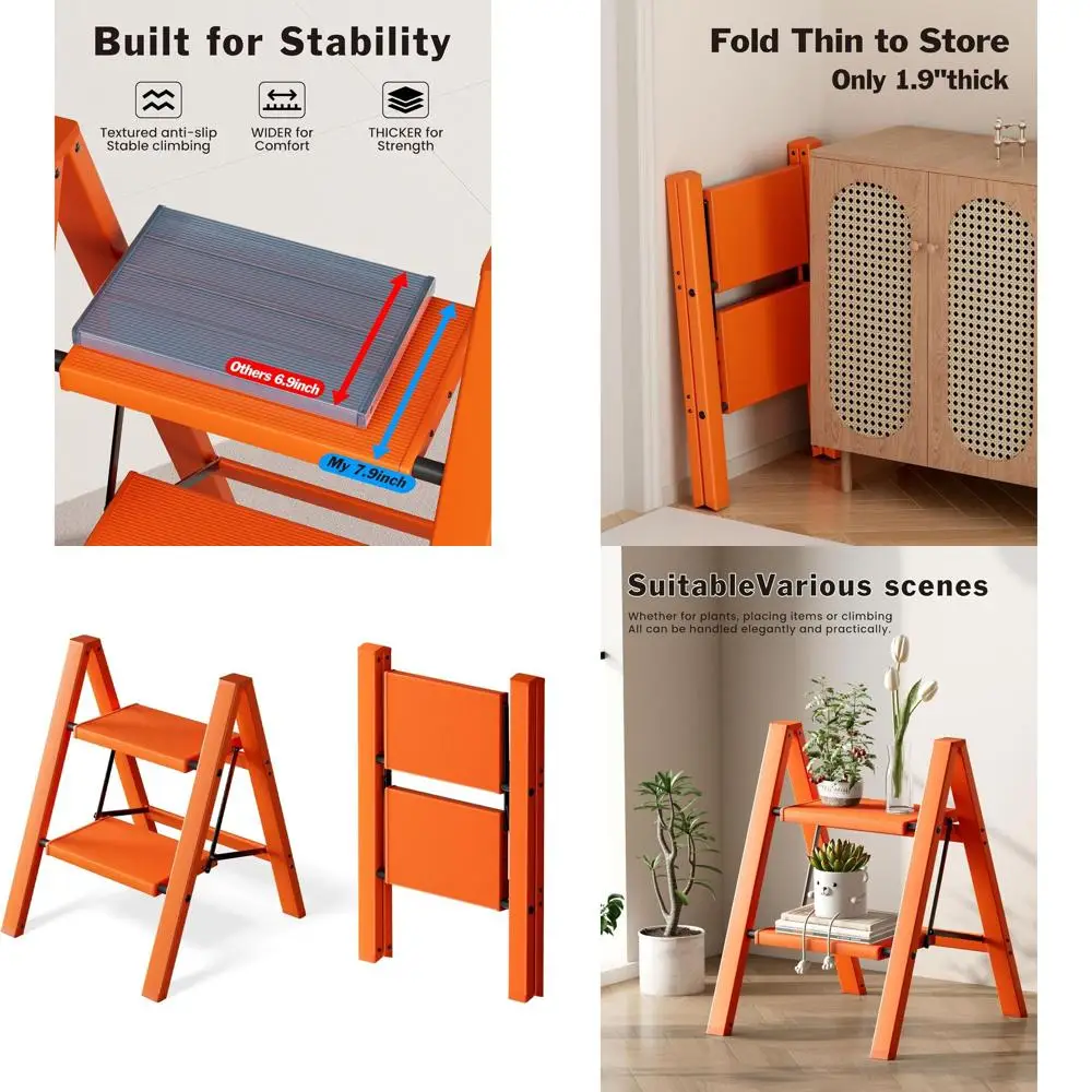 

Лестница-стремянка 2-ступенчатая, легкая складная, с широкими нескользящими ступенями, выдерживает нагрузку до 150 кг, стальная, для дома и офиса (оранжевая)