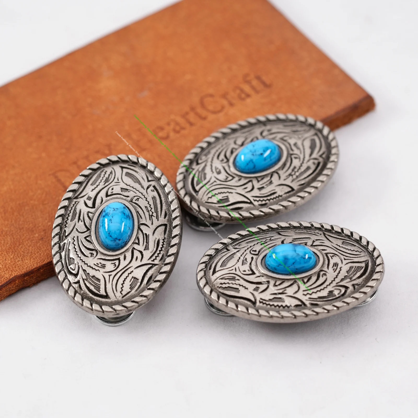 10X 35X25MM Western Antique Sliver Blue Turquoise Flower Engraved Saddle Tack Belt leathercraft Prairie Dust Oval Conchos