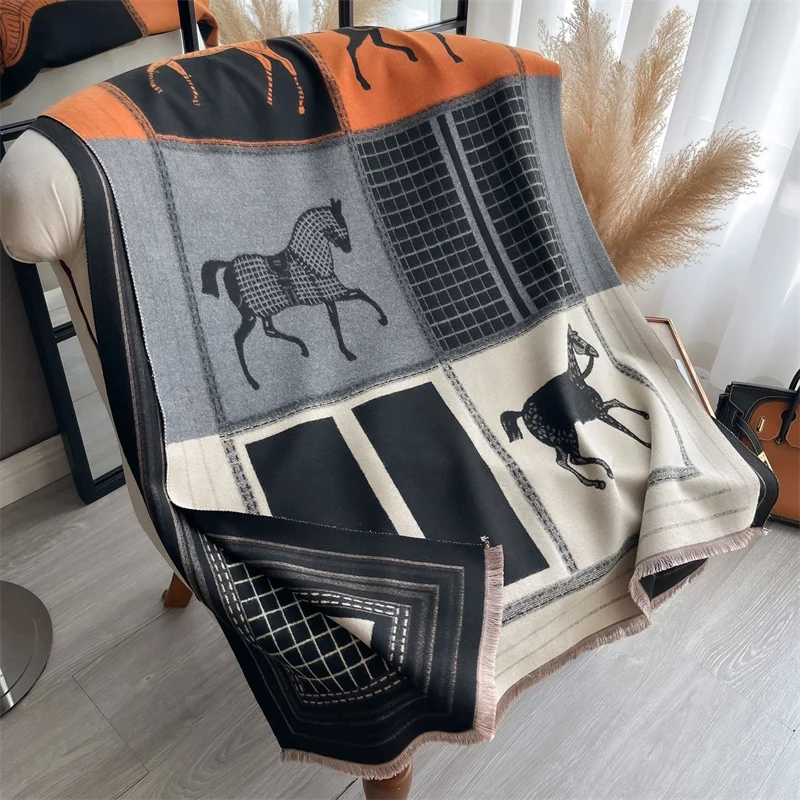 Luxury Brand Horse Jacquard Women Winter Cashmere Scarf Thick Warm Shawl Wraps Pashmina Striped Print Soft Lady Neckerchief