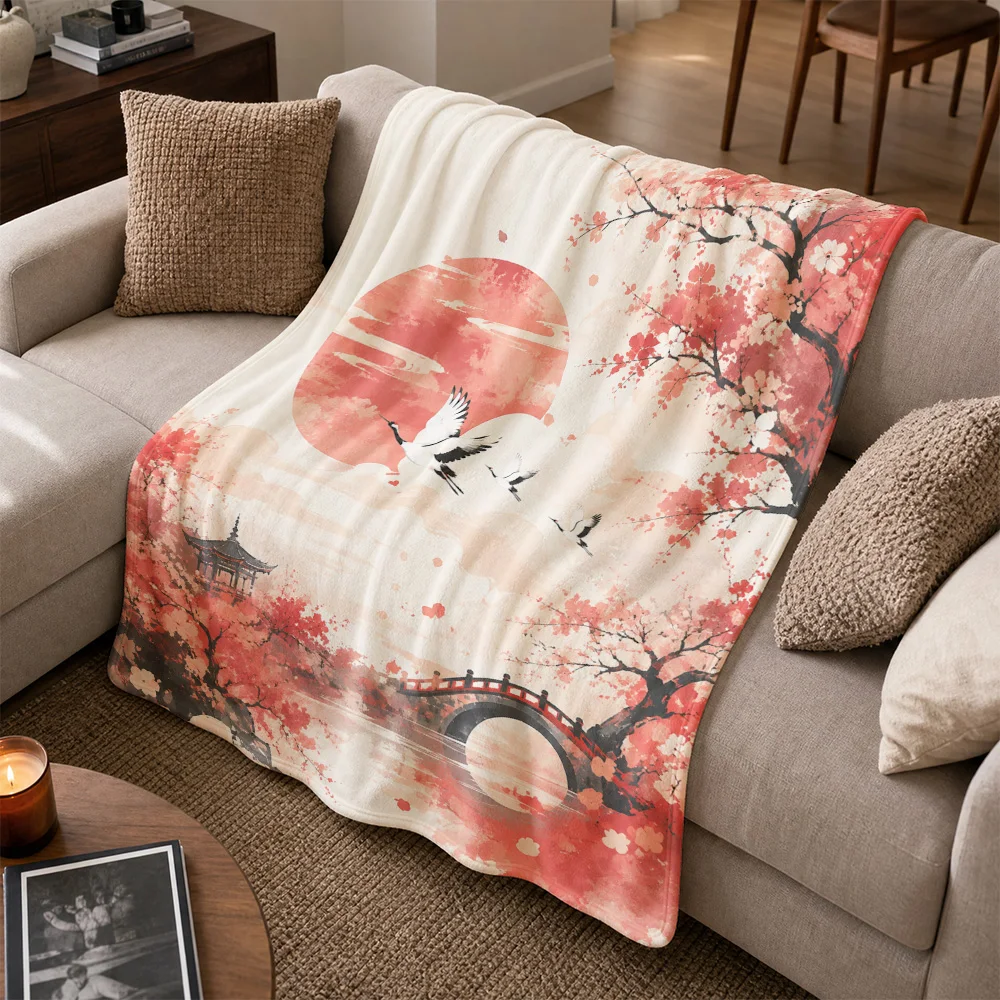 Decorative Japanese Sakura Cherry Blossom Throw Blanket Cozy Sofa Couch Throw Plush Fall Spring Art Gift for Home Decor