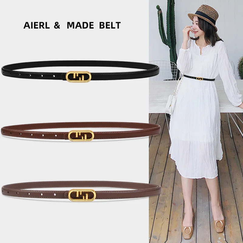

Женский тонкий кожаный ремень с украшением из натуральной кожи, маленький ремешок, универсальный, простой для платьев и брюк