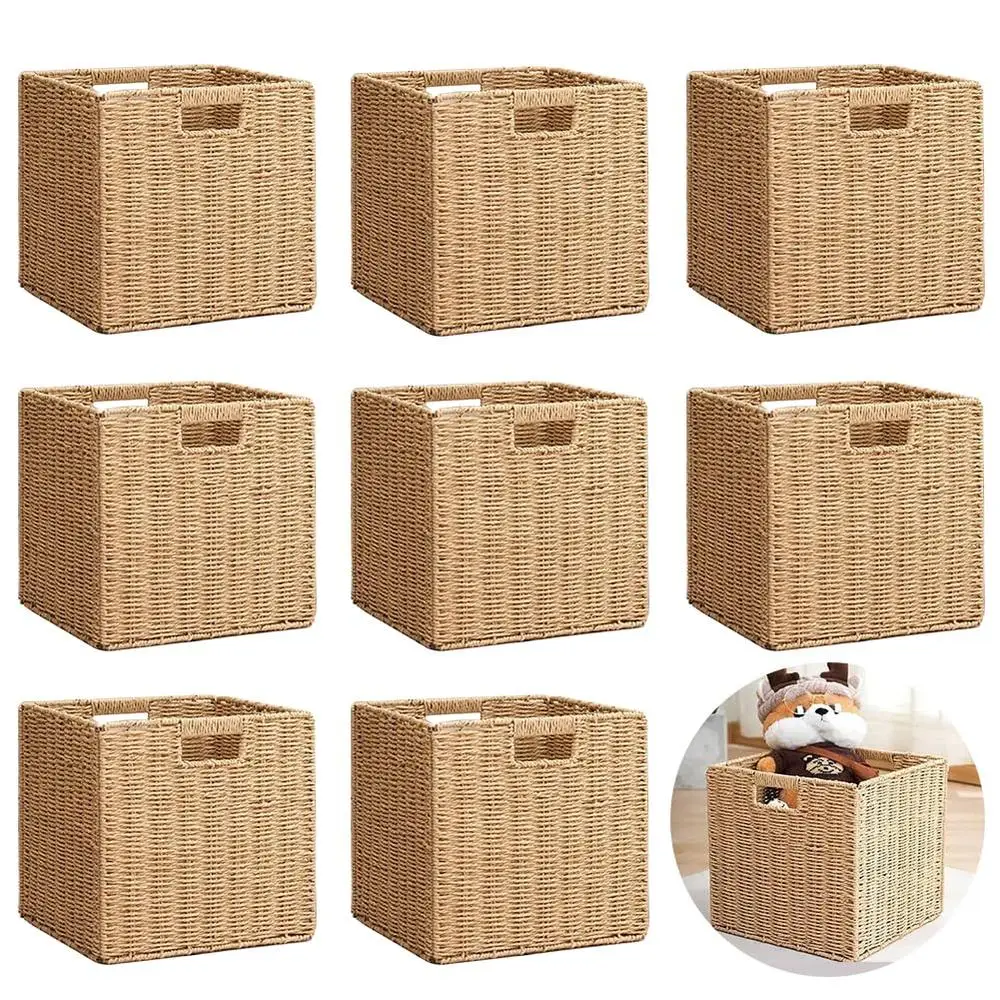 Set of 8 Hand-Woven Paper Rope Storage Cubes Foldable Wicker Bins Organizer Square Eco-Friendly Durable Material 11.8 Inch Size