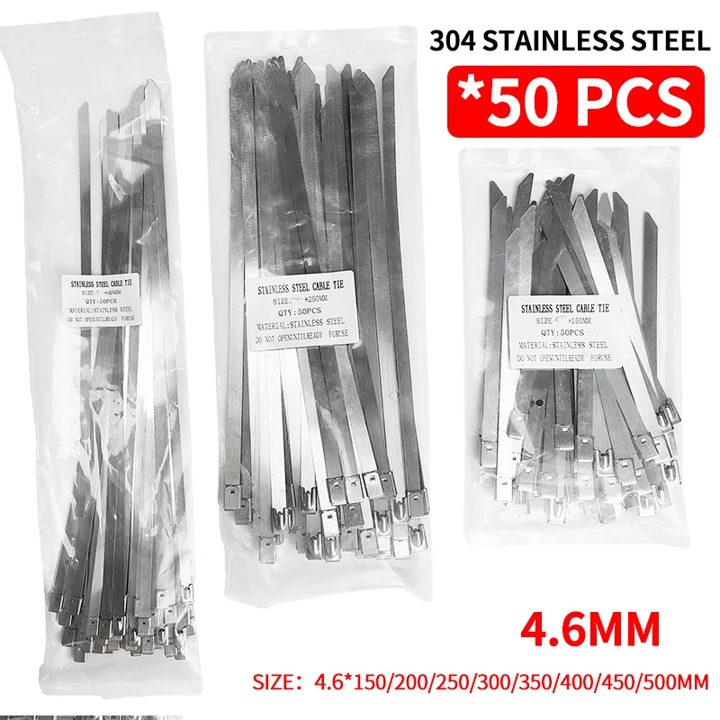 4.6mm 50Pcs -304 Stainless Steel Cable Ties, Self-Locking Anti-Rust Metal Zip Ties for Electrical Wiring Harness, Heavy Duty