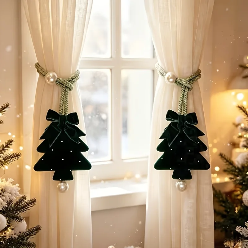 4/2 Pieces of Green Velvet Bow Ties with Rhinestones for Christmas Tree Curtain Tiebacks, Sheer Curtain Fixing Decorative Straps, Christmas Holiday Window Decorations, Home Decor, Suitable for Curtain Fixing, Christmas Curtain Installation